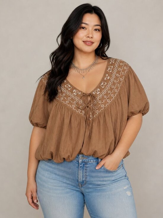 Torrid Curve Tops - Torrid Festi Bubble Cotton Cropped Embroidered Tie-Front Brown Boho Top